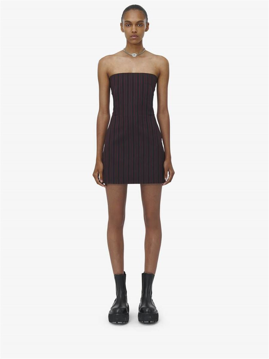 PINSTRIPE MINI DRESS IN BLACK BURGUNDY