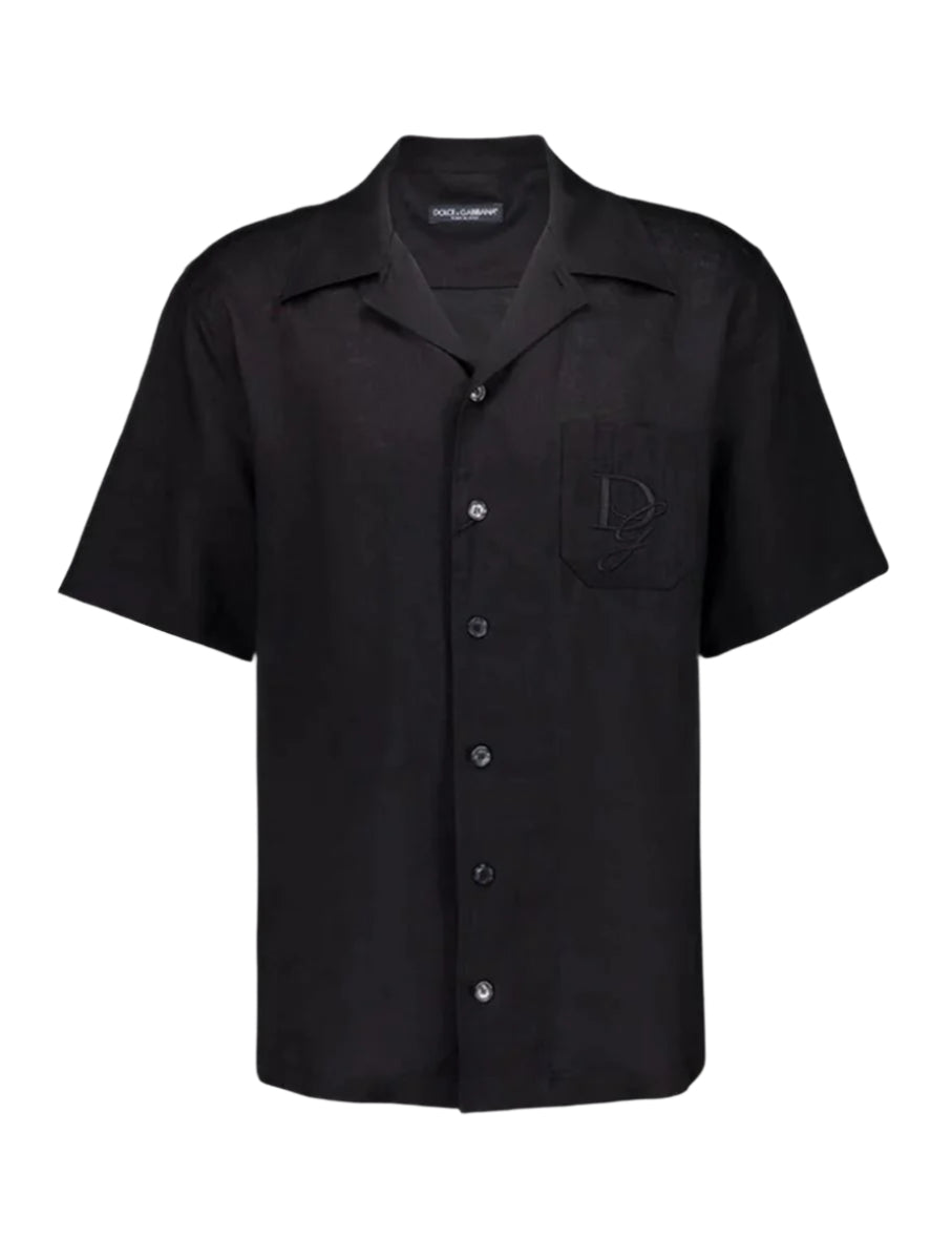 BLACK LINEN SHORT SLEEVE BUTTON-UP SHIRT