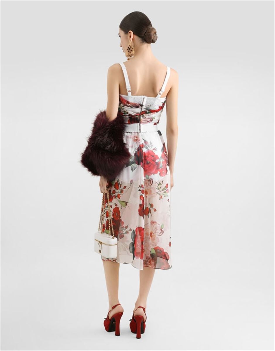 ROSE-PRINT CHIFFON CALF-LENGTH SKIRT