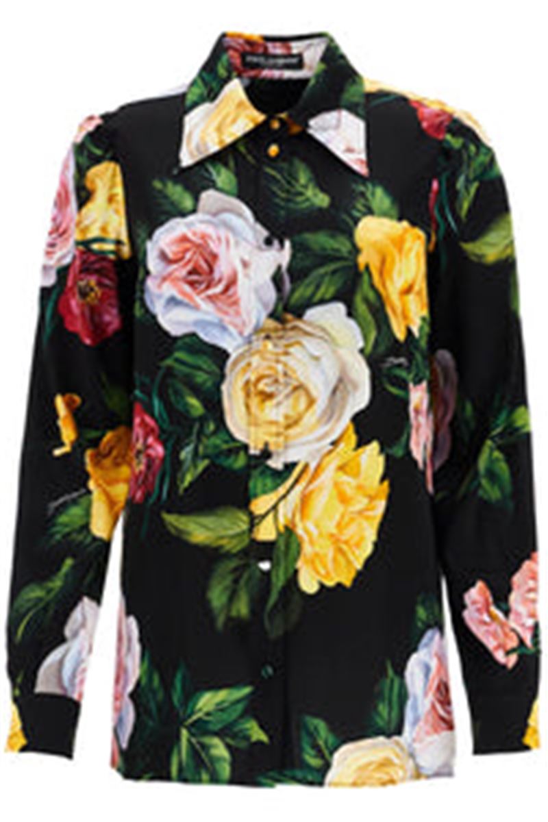 BLACK SILK SHIRT WITH MULTICOLORED ROSES AND YELLOW BUTTONS