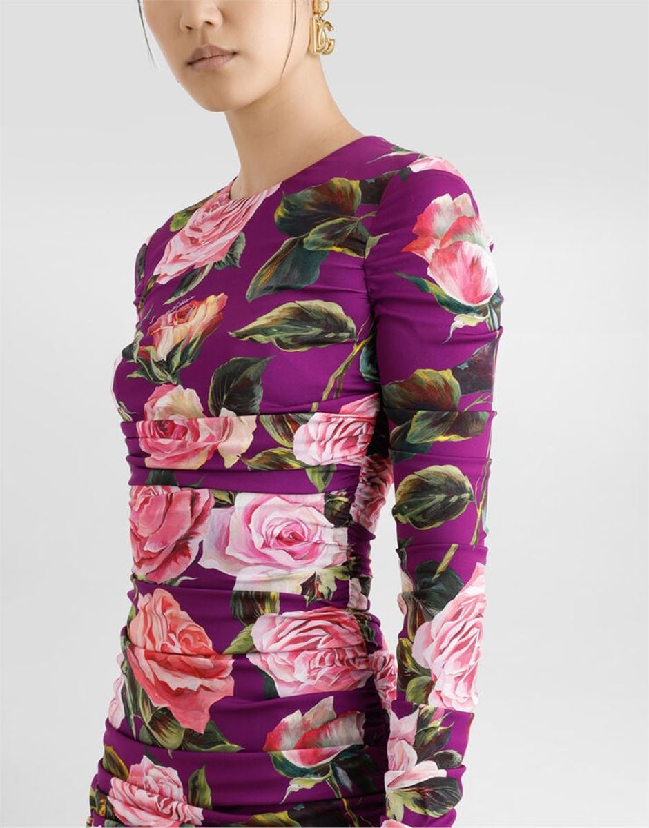 CHARMEUSE MIDI SHEATH DRESS WITH DRAPING AND ROSE PRINT