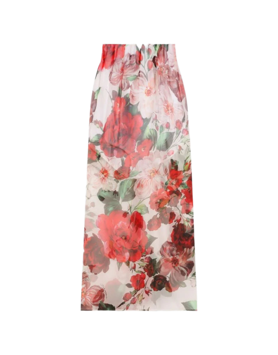 ROSE-PRINT CHIFFON CALF-LENGTH SKIRT