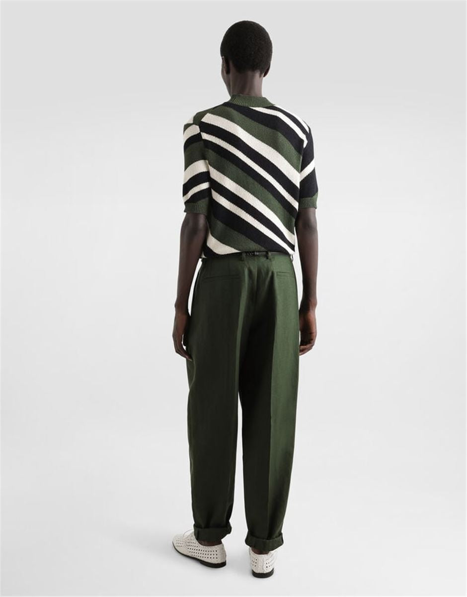 SHORT-SLEEVED COTTON MOCK-TURTLENECK WITH STRIPED INLAY