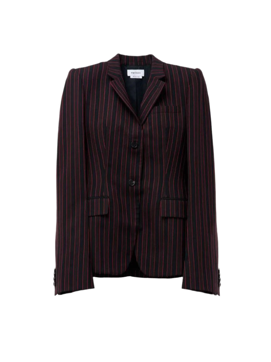 WOMEN'S PINSTRIPE SINGLE-BREASTED JACKET IN BLACK BURGUNDY