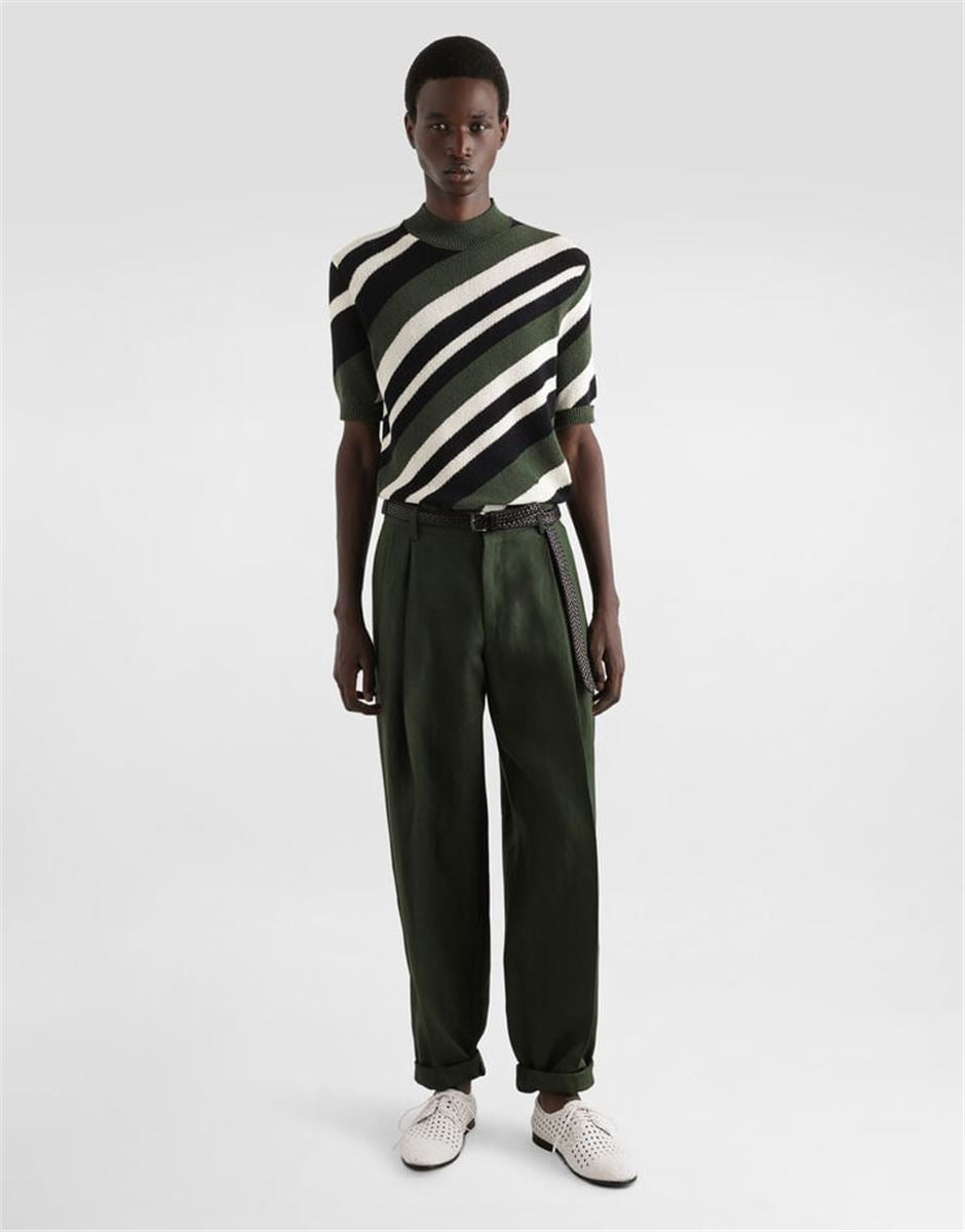 SHORT-SLEEVED COTTON MOCK-TURTLENECK WITH STRIPED INLAY