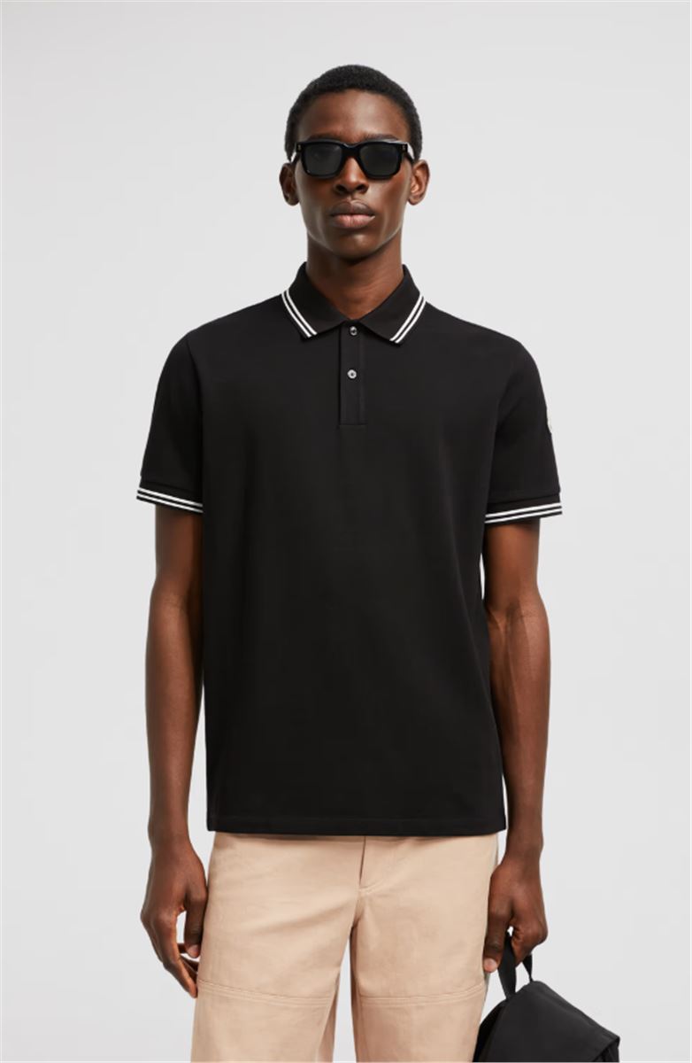 STRIPED TRIM COTTON PIQUET POLO SHIRT