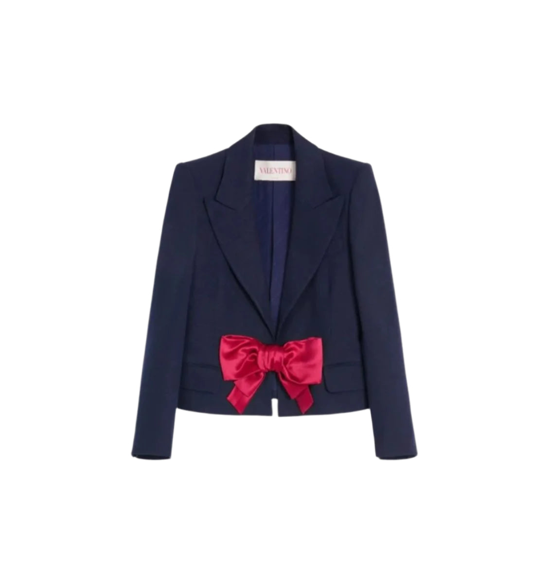 SHORT NAVY BLUE VISCOSE JACKET WITH A DOUBLE DUCHESS RED BOW