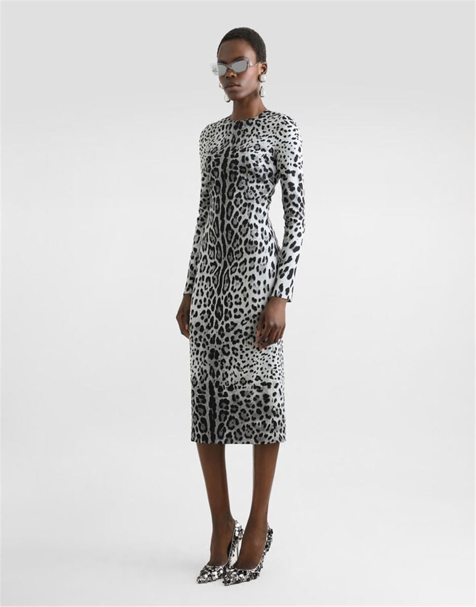 CHARMEUSE CALF-LENGTH SHEATH DRESS WITH LEOPARD PRINT