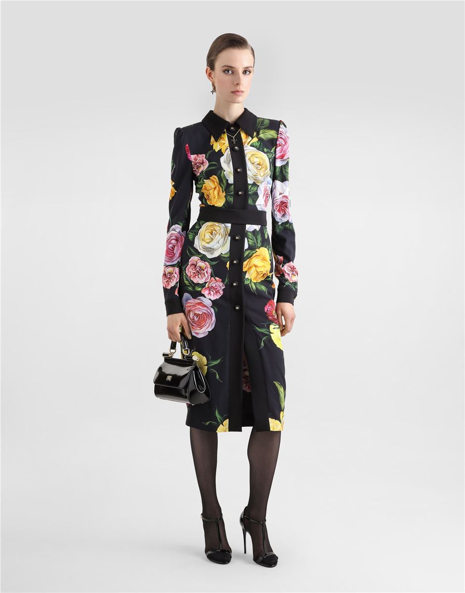 CALF-LENGTH CADY SHIRT DRESS WITH PEONY AND ROSE PRINT