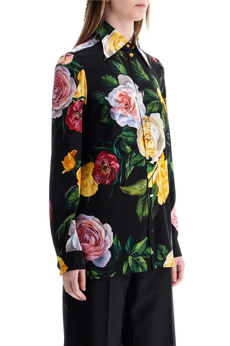 BLACK SILK SHIRT WITH MULTICOLORED ROSES AND YELLOW BUTTONS