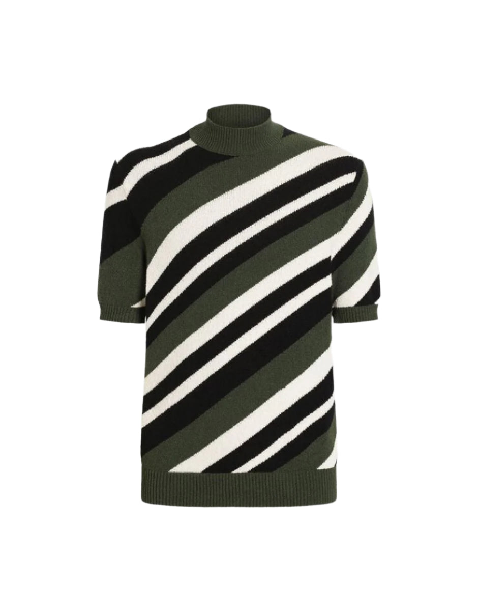 SHORT-SLEEVED COTTON MOCK-TURTLENECK WITH STRIPED INLAY