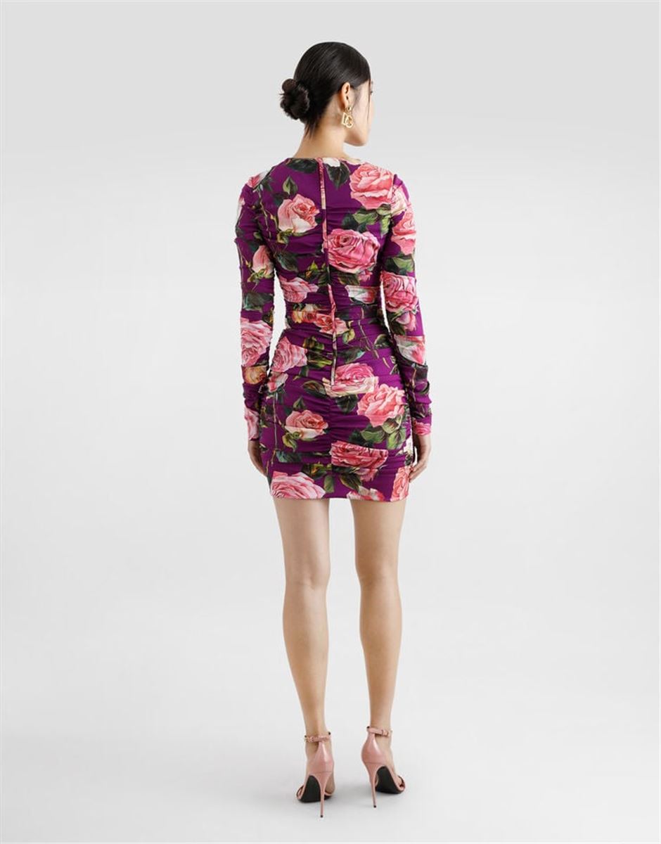 CHARMEUSE MIDI SHEATH DRESS WITH DRAPING AND ROSE PRINT