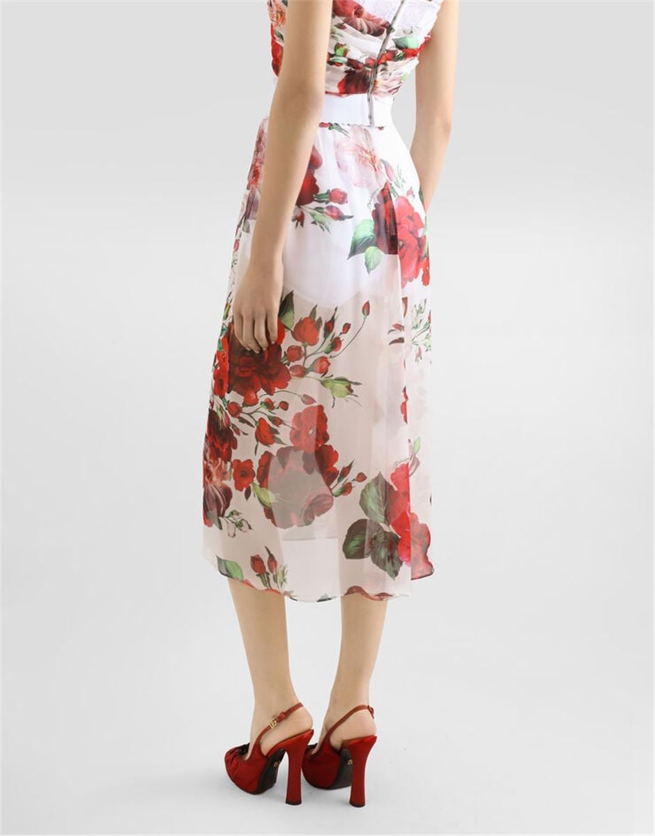 ROSE-PRINT CHIFFON CALF-LENGTH SKIRT