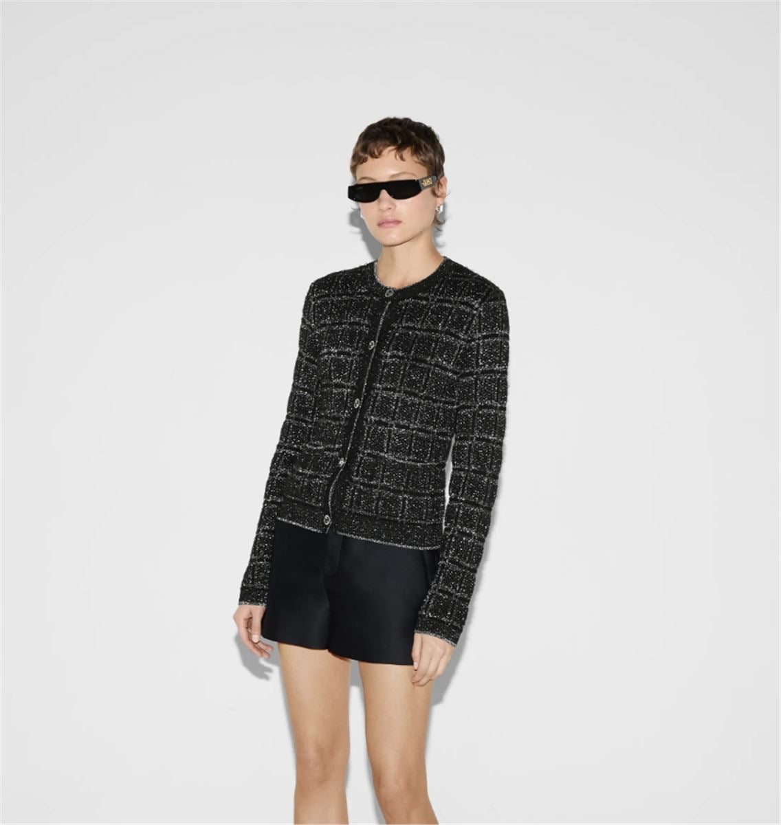 WOOL AND LAMÉ CHECK JACQUARD CARDIGAN.