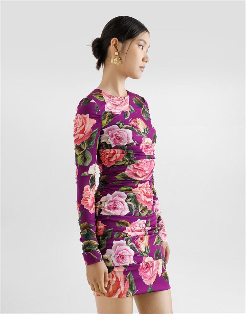 CHARMEUSE MIDI SHEATH DRESS WITH DRAPING AND ROSE PRINT