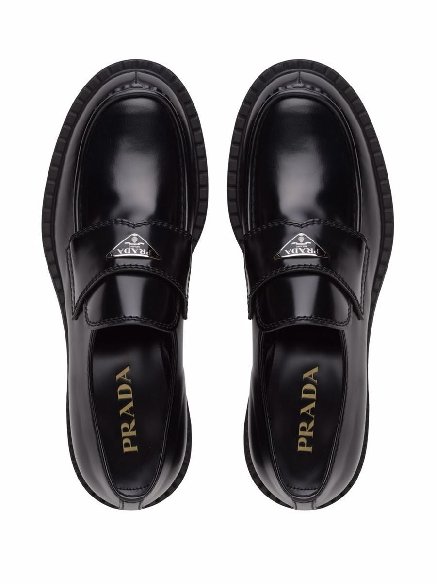 CHOCOLATE BRUSHED LEATHER LOAFERS PRADA