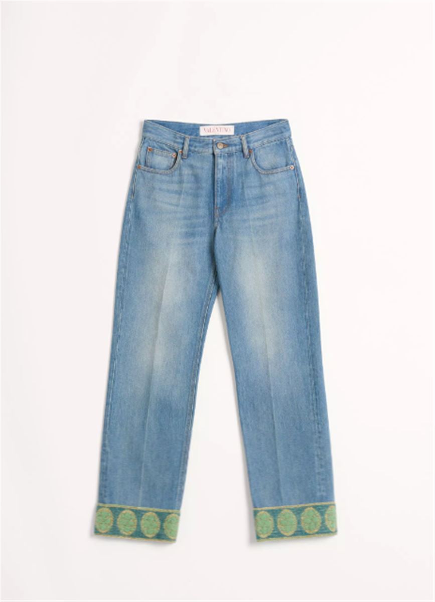 DENIM TROUSERS WITH JACQUARD TRIMS