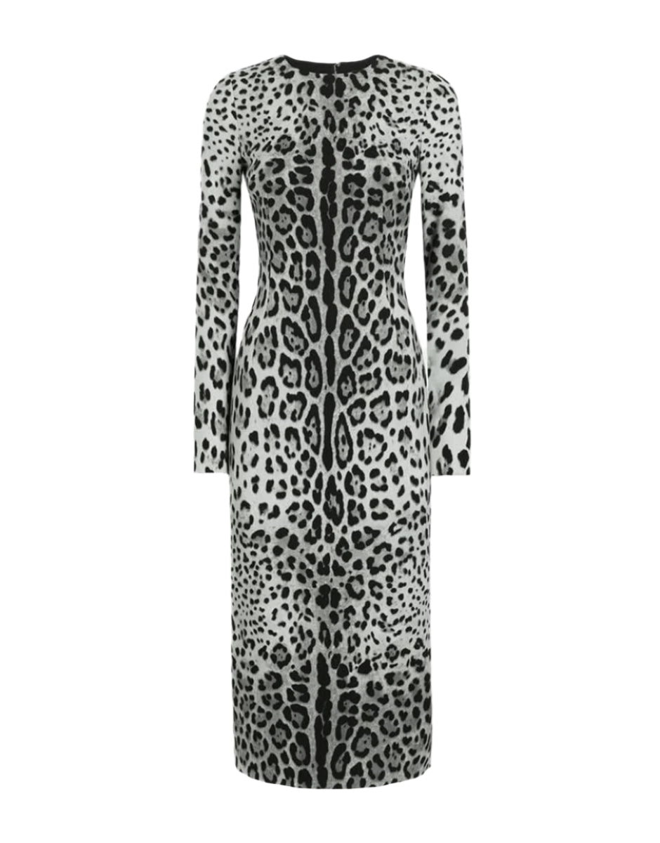 CHARMEUSE CALF-LENGTH SHEATH DRESS WITH LEOPARD PRINT