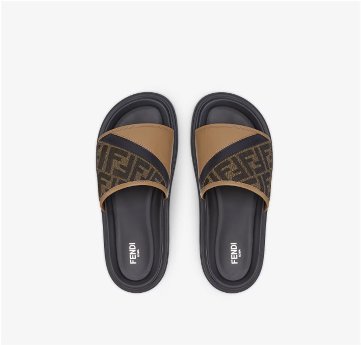 BROWN FF JACQUARD AND BEIGE LEATHER SLIDES