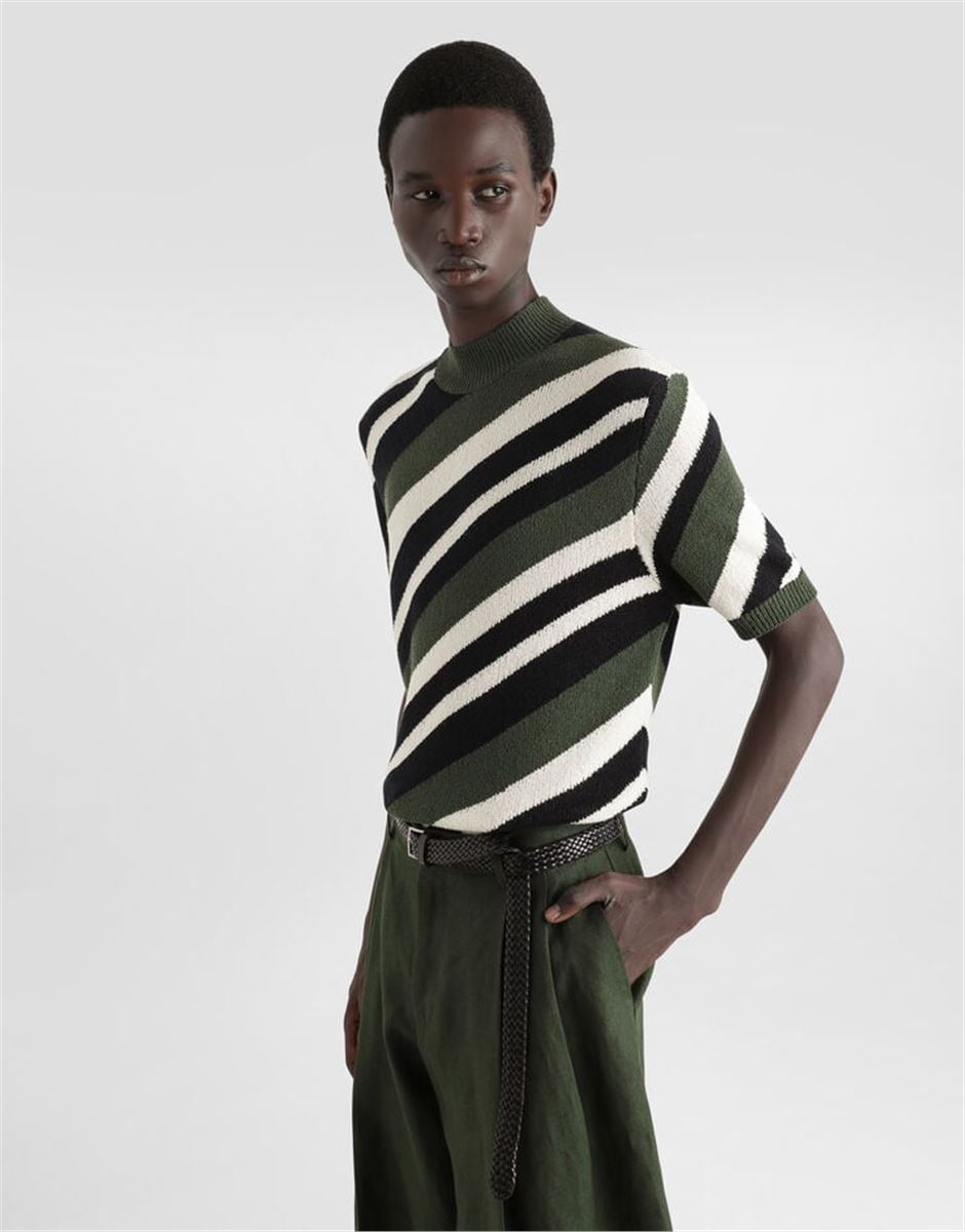 SHORT-SLEEVED COTTON MOCK-TURTLENECK WITH STRIPED INLAY