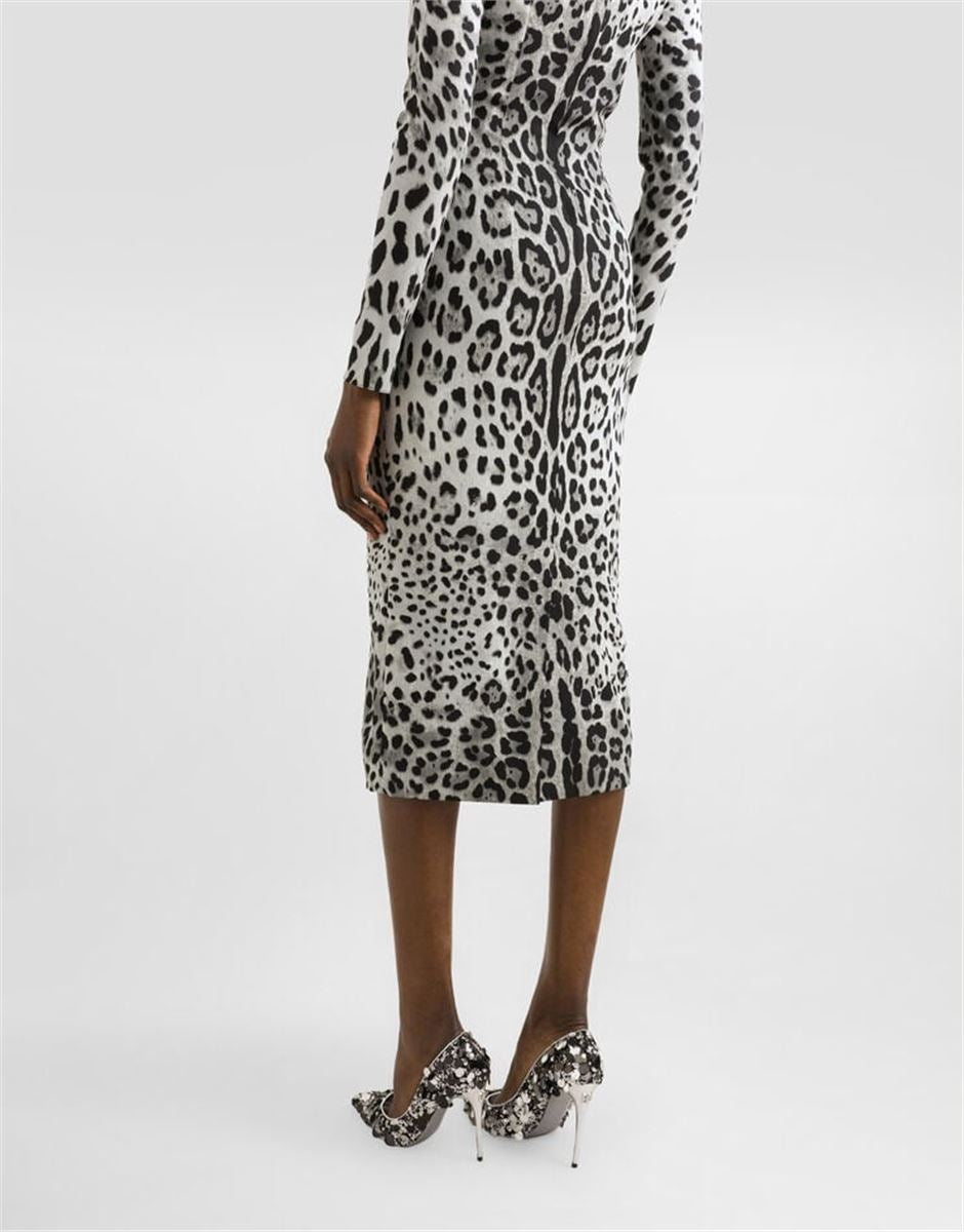 CHARMEUSE CALF-LENGTH SHEATH DRESS WITH LEOPARD PRINT