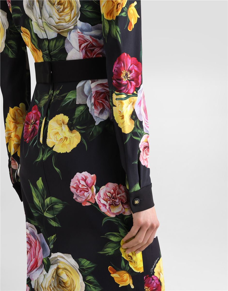 CALF-LENGTH CADY SHIRT DRESS WITH PEONY AND ROSE PRINT