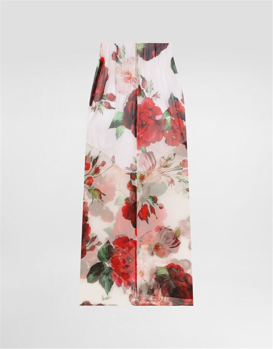 ROSE-PRINT CHIFFON CALF-LENGTH SKIRT