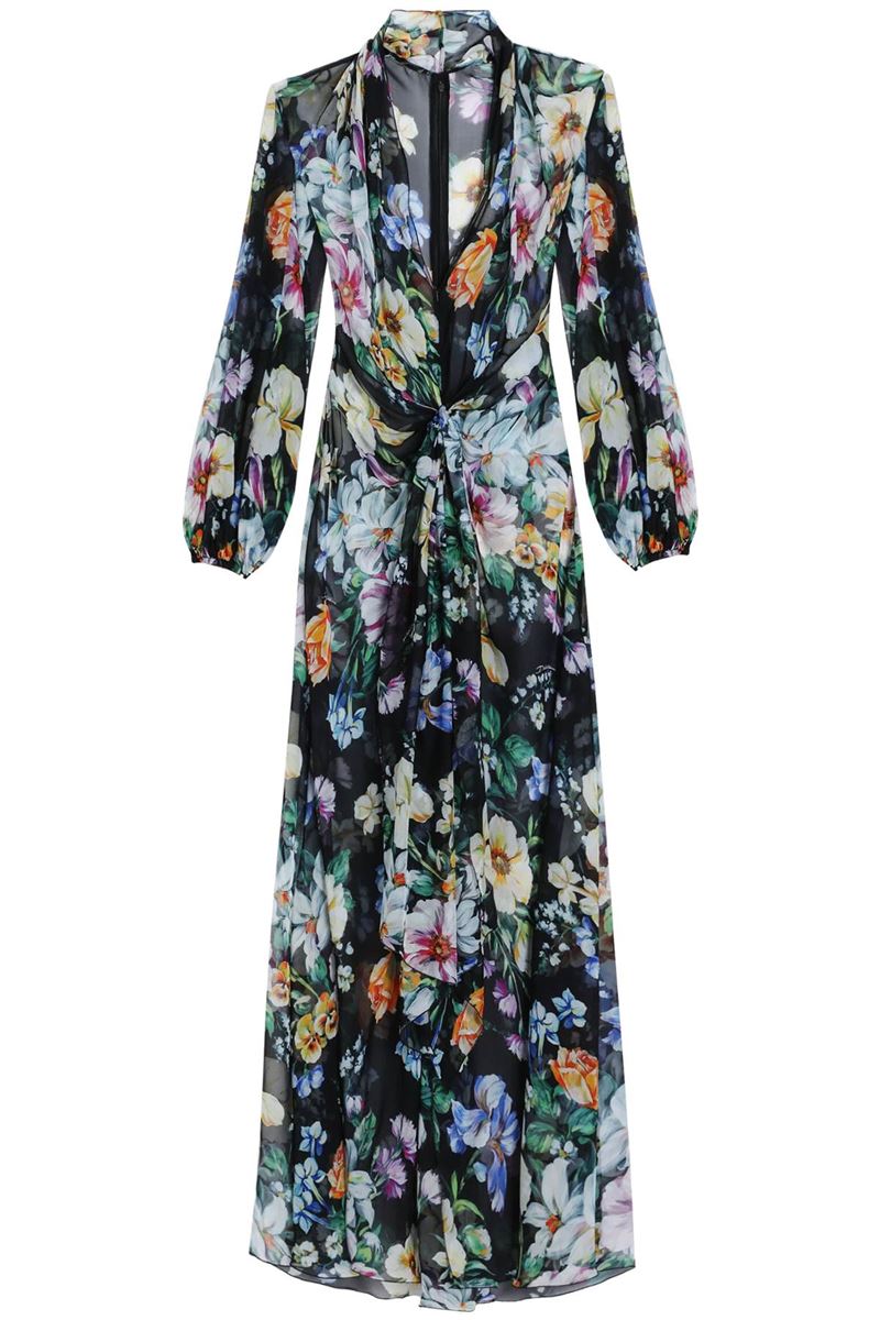 LONG BLACK SILK DRESS WITH FLORAL PATTERN