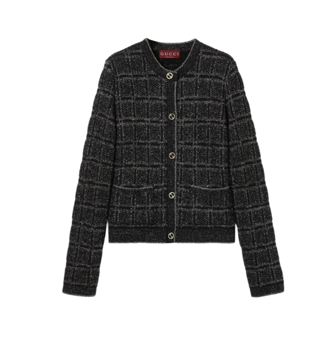 WOOL AND LAMÉ CHECK JACQUARD CARDIGAN.