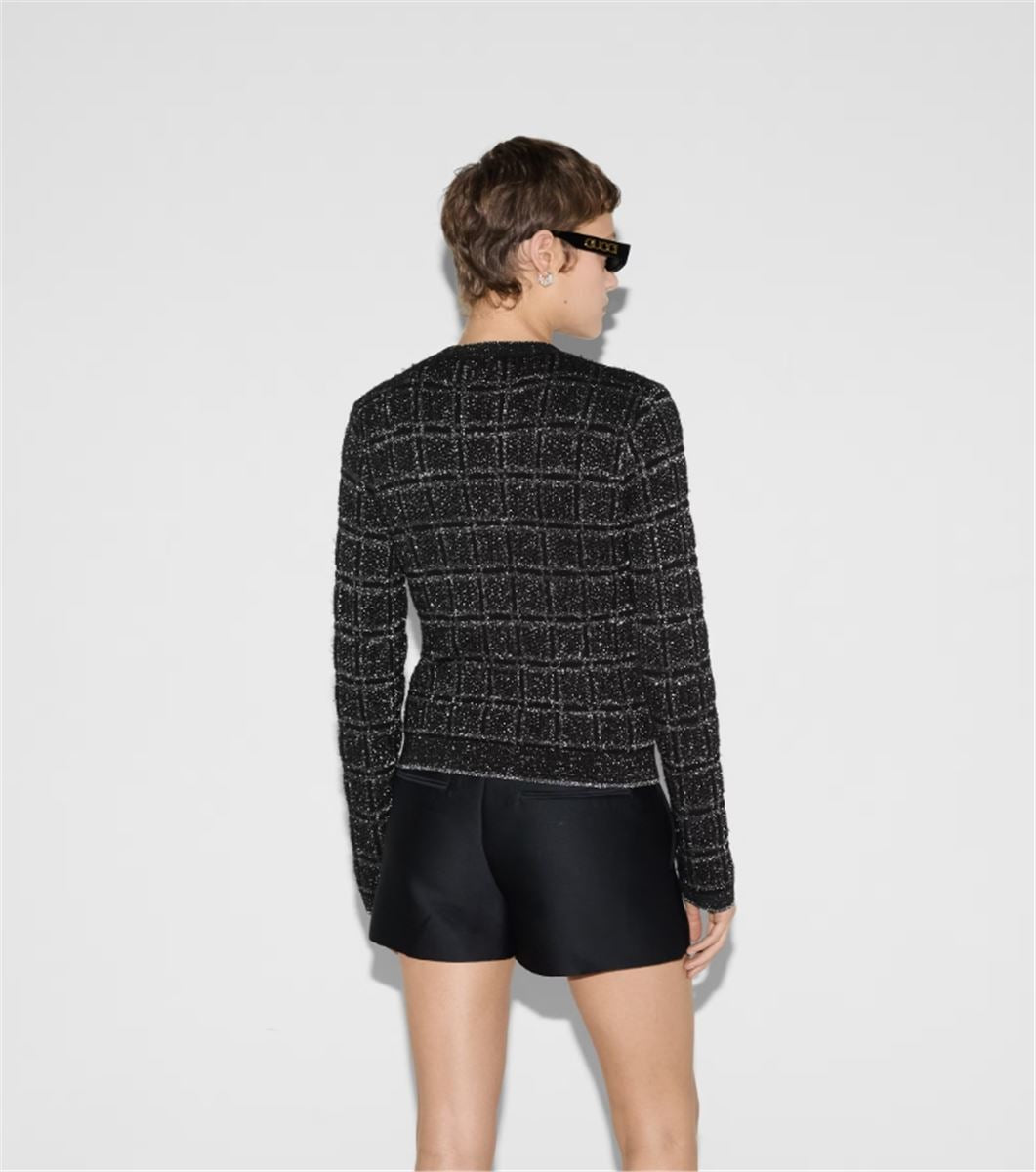 WOOL AND LAMÉ CHECK JACQUARD CARDIGAN.