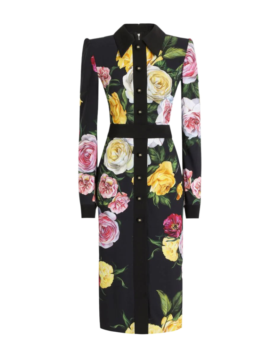 CALF-LENGTH CADY SHIRT DRESS WITH PEONY AND ROSE PRINT