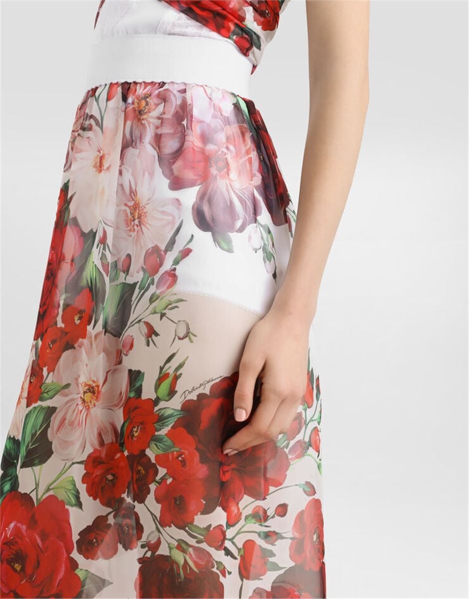 ROSE-PRINT CHIFFON CALF-LENGTH SKIRT