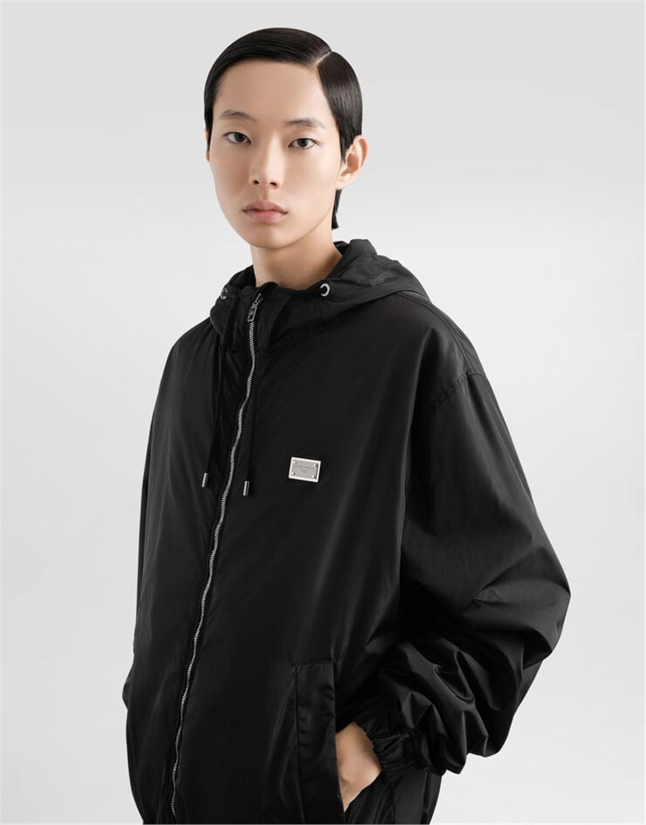 TECHNICAL FABRIC JACKET WITH HOOD AND TAG