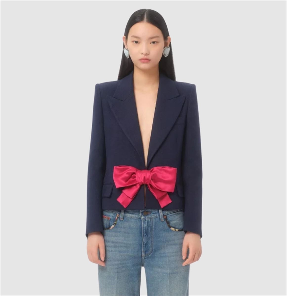 SHORT NAVY BLUE VISCOSE JACKET WITH A DOUBLE DUCHESS RED BOW