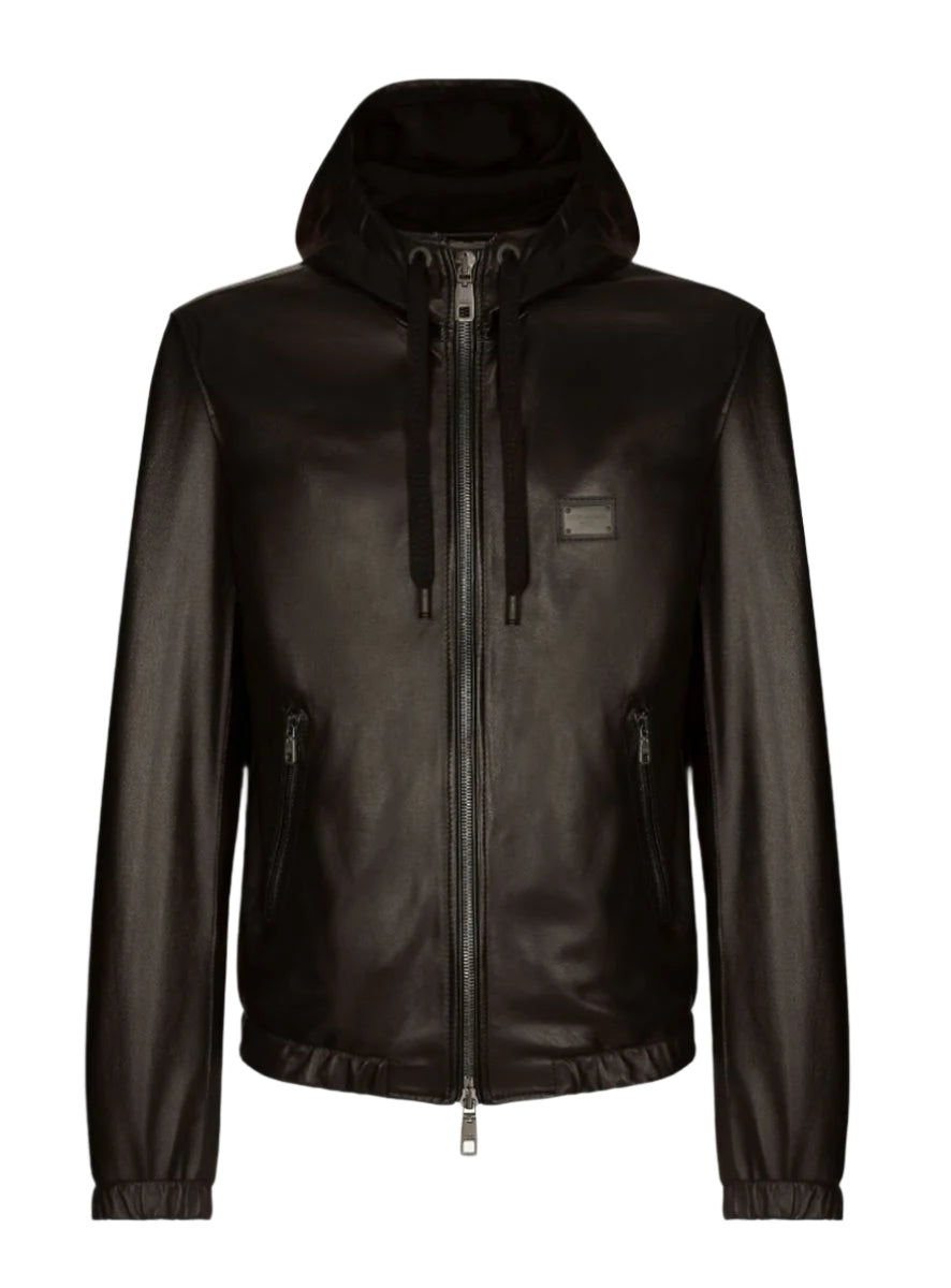 LEATHER JACKET WITH HOOD AND BRANDED TAG