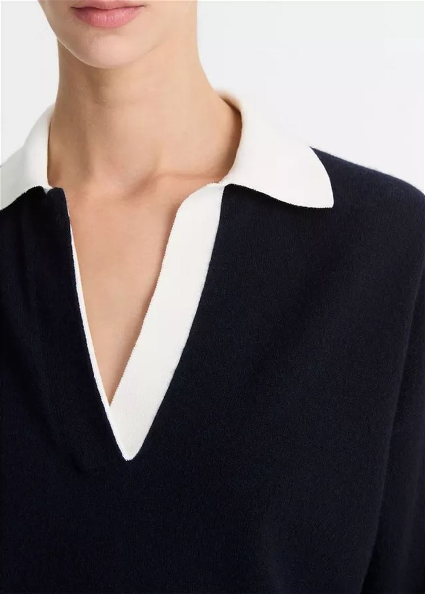 WOOL & CASHMERE-BLEND CONTRAST-COLLAR POLO SWEATER