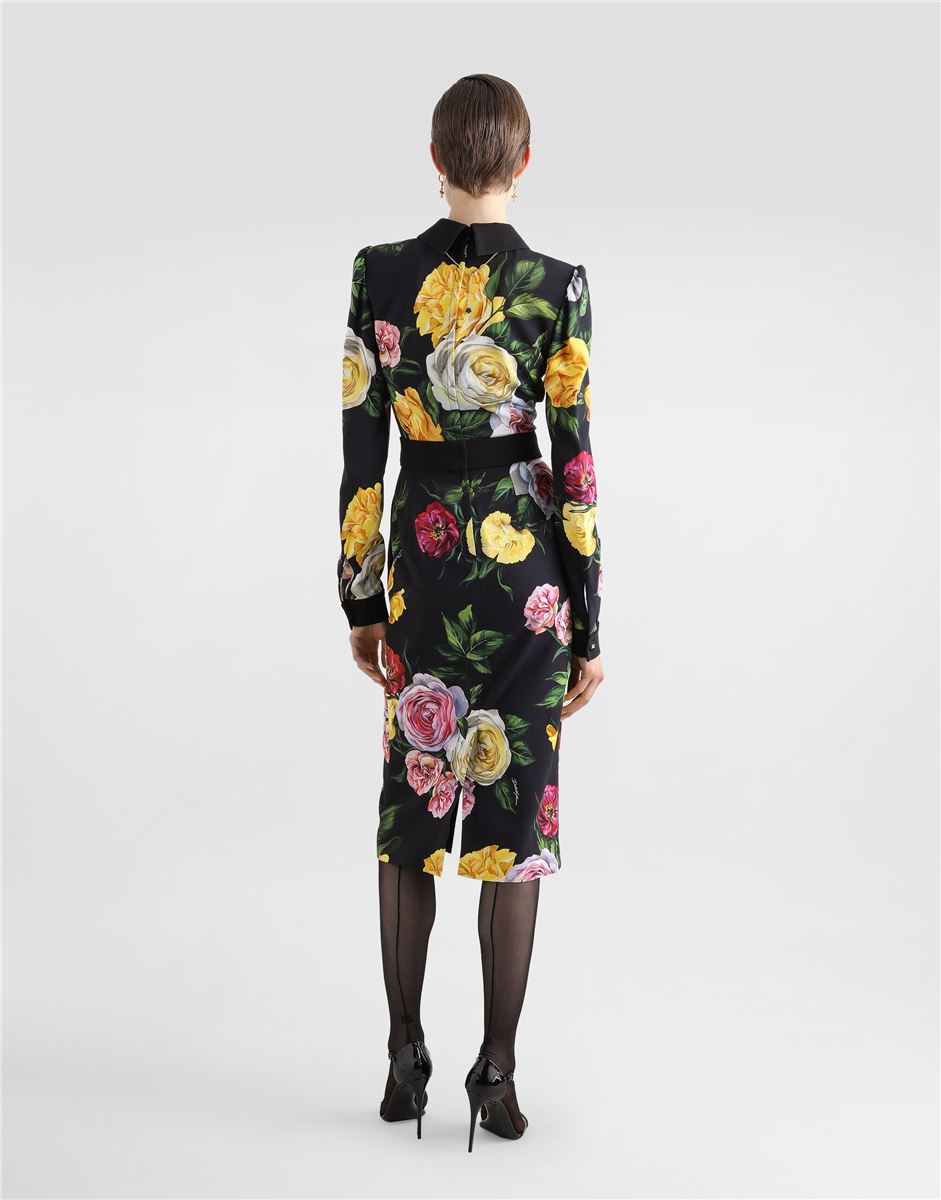 CALF-LENGTH CADY SHIRT DRESS WITH PEONY AND ROSE PRINT