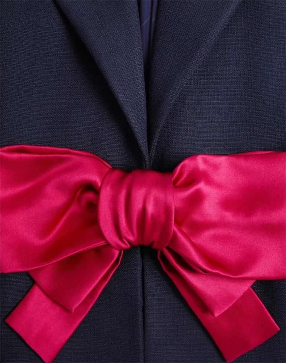 SHORT NAVY BLUE VISCOSE JACKET WITH A DOUBLE DUCHESS RED BOW