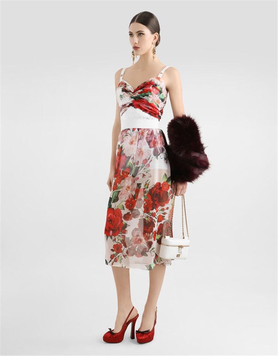 ROSE-PRINT CHIFFON CALF-LENGTH SKIRT