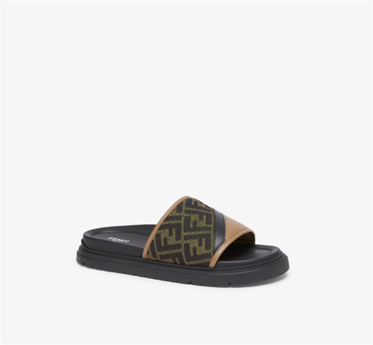 BROWN FF JACQUARD AND BEIGE LEATHER SLIDES