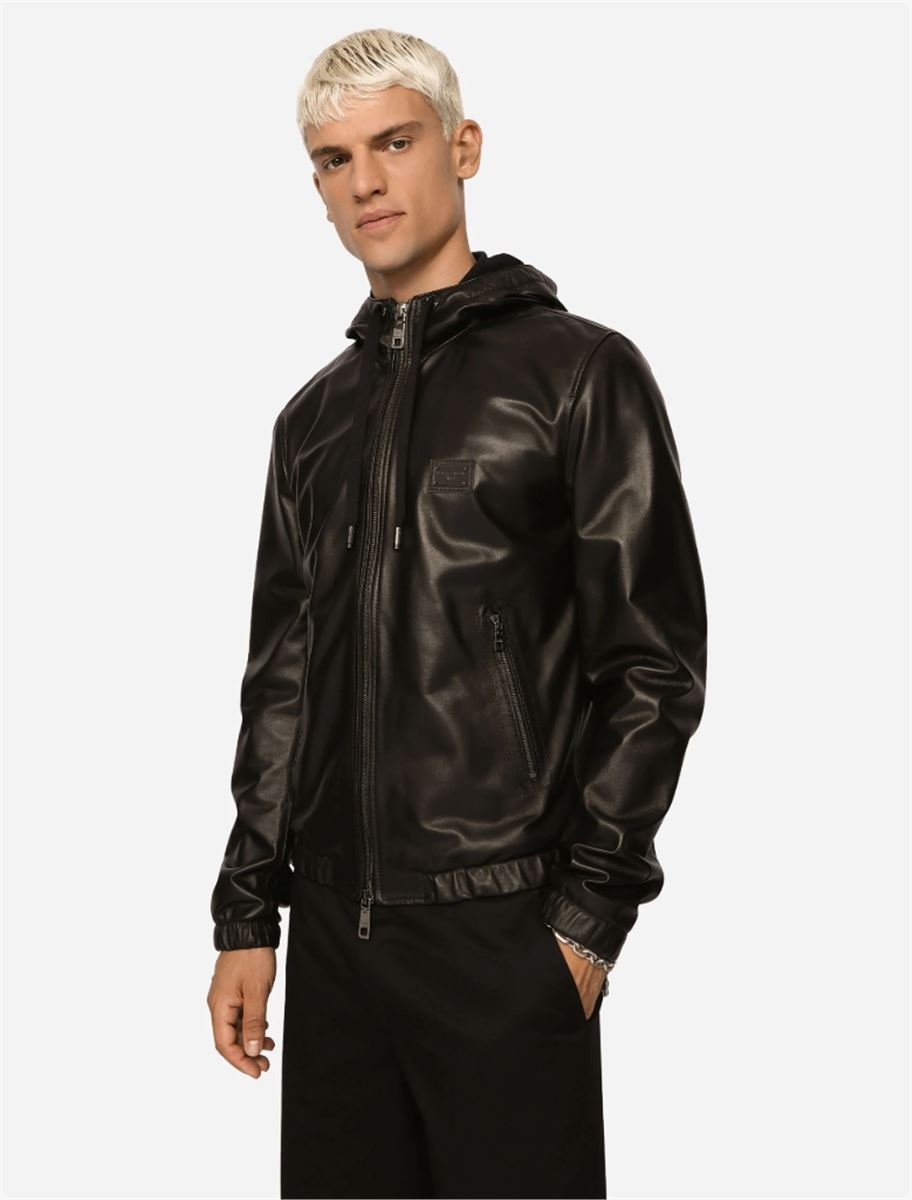 LEATHER JACKET WITH HOOD AND BRANDED TAG