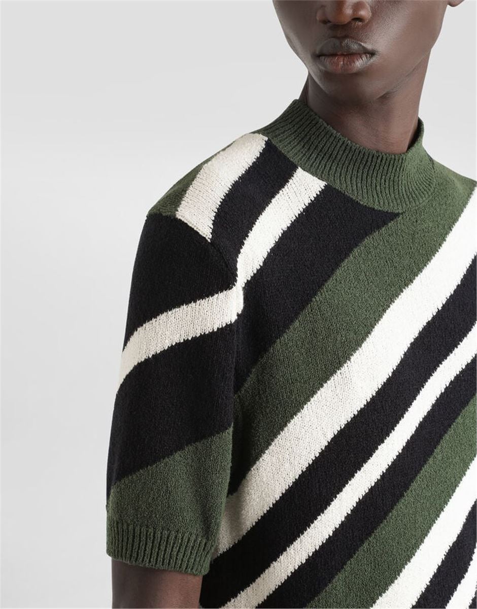 SHORT-SLEEVED COTTON MOCK-TURTLENECK WITH STRIPED INLAY